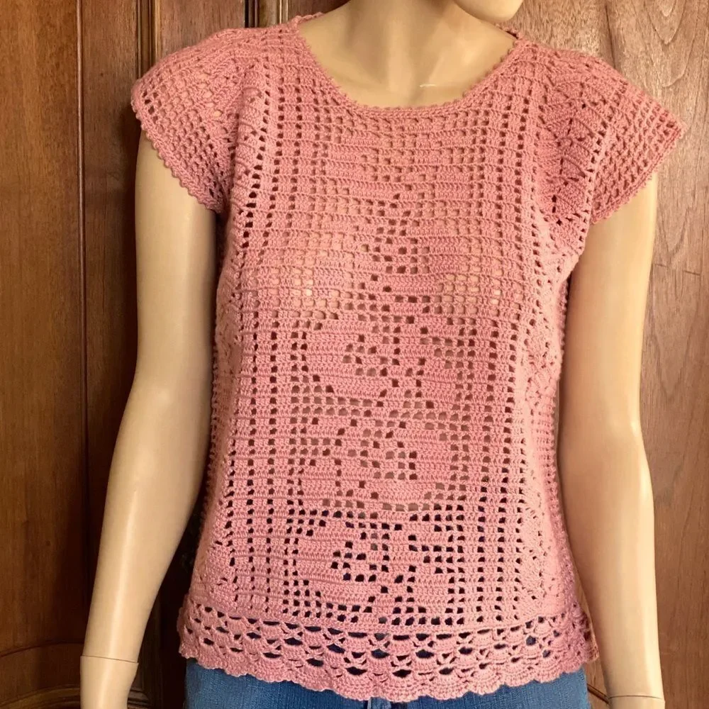 Vintage Crochet Top Pink Shirt Festival Blouse Handmade Shirt Size Medium